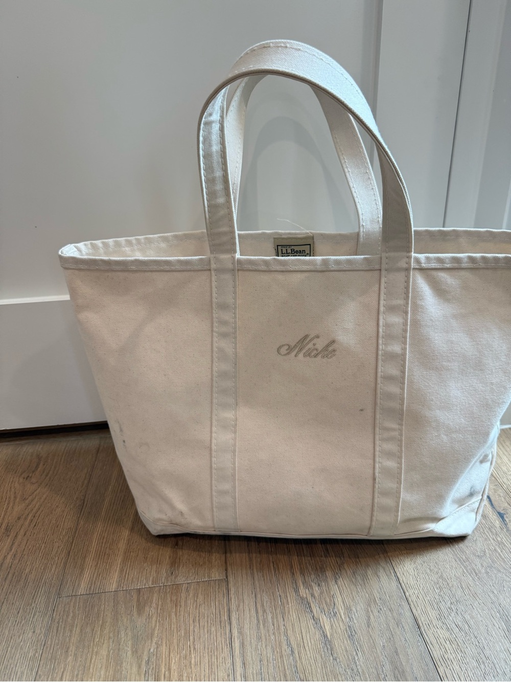 L.L. Bean Cream Canvas Tote with Script Monogram “niche” Large